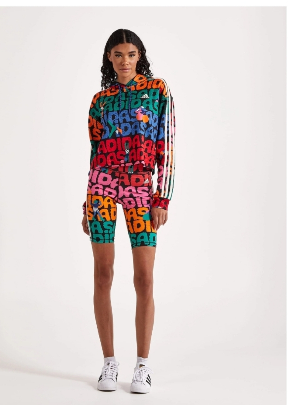 Farm Rio x Adidas Cropped Hoodie & Shorts Set – Colorful 3-Stripes (Worn Once)